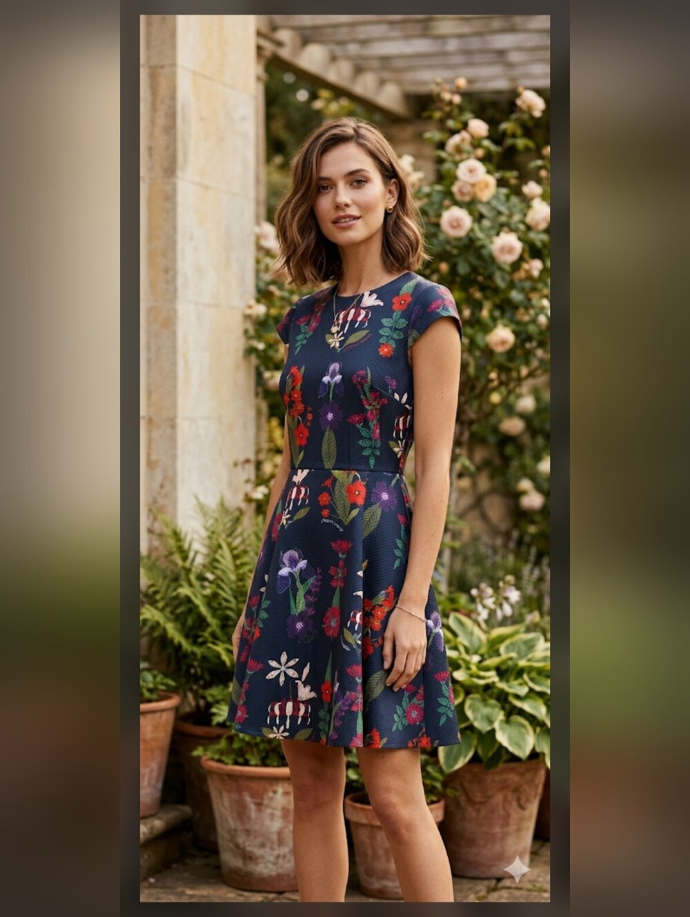 TED BAKER WOMEN'S  Cap  Sleeve A-Line Mini Dress in Navy Blue Floral Print,Size3